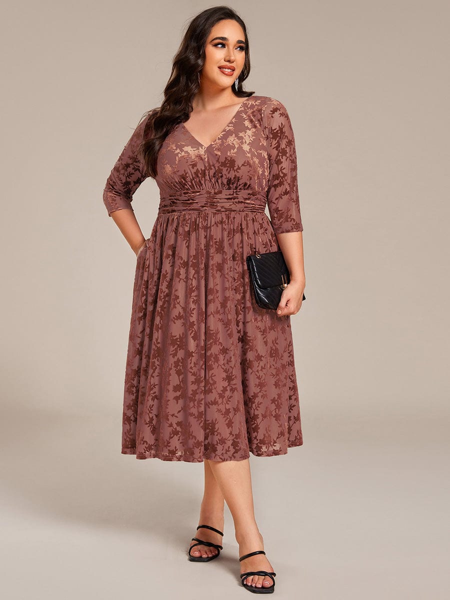 Plus Size 3/4 Sleeve Floral Velvet Wedding Guest Dress with Pockets #color_Brown