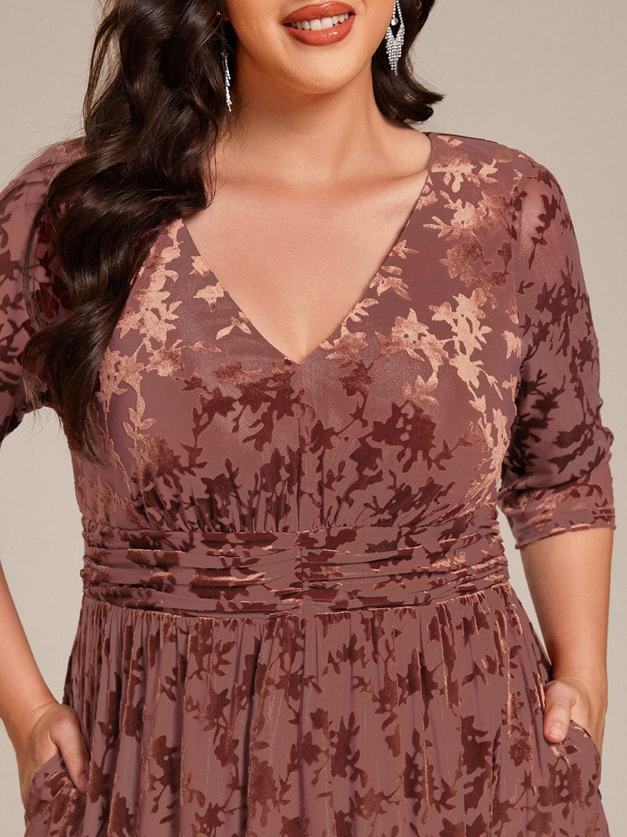 Floral Velvet 3/4 Sleeve V-Neck Pleated Wedding Guest Dress #color_Brown