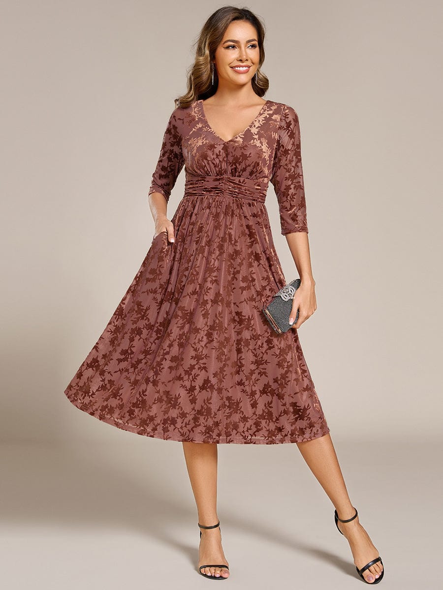 Floral Velvet 3/4 Sleeve V-Neck Pleated Wedding Guest Dress #color_Brown