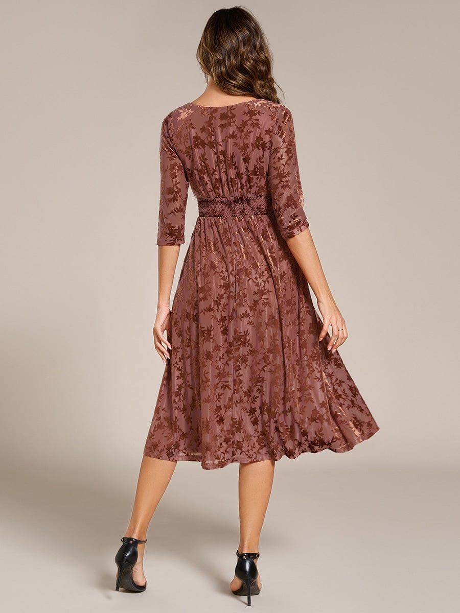 Floral Velvet 3/4 Sleeve V-Neck Pleated Wedding Guest Dress #color_Brown