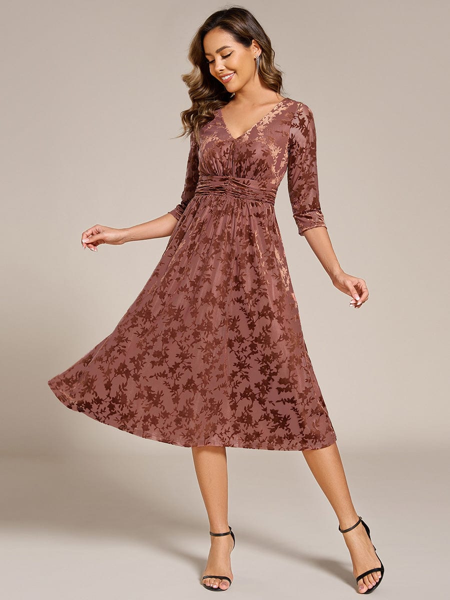 Floral Velvet 3/4 Sleeve V-Neck Pleated Wedding Guest Dress #color_Brown