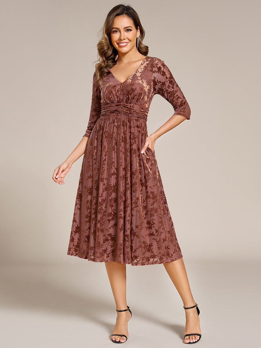 Floral Velvet 3/4 Sleeve V-Neck Pleated Wedding Guest Dress #color_Brown