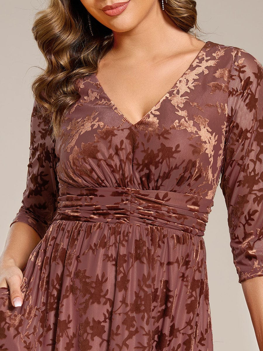 Floral Velvet 3/4 Sleeve V-Neck Pleated Wedding Guest Dress #color_Brown