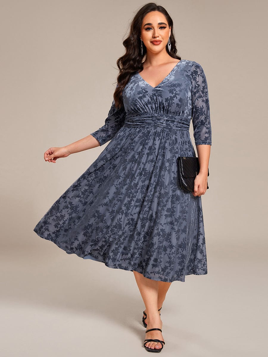 Plus Size 3/4 Sleeve Floral Velvet Wedding Guest Dress with Pockets #color_Dusty Blue