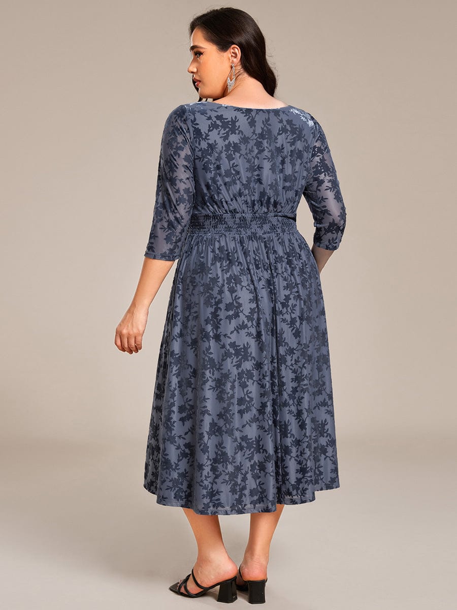 Floral Velvet 3/4 Sleeve V-Neck Pleated Wedding Guest Dress #color_Dusty Blue