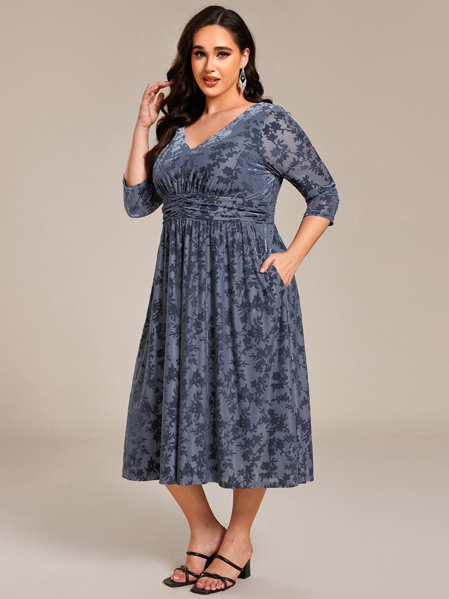 Floral Velvet 3/4 Sleeve V-Neck Pleated Wedding Guest Dress #color_Dusty Blue