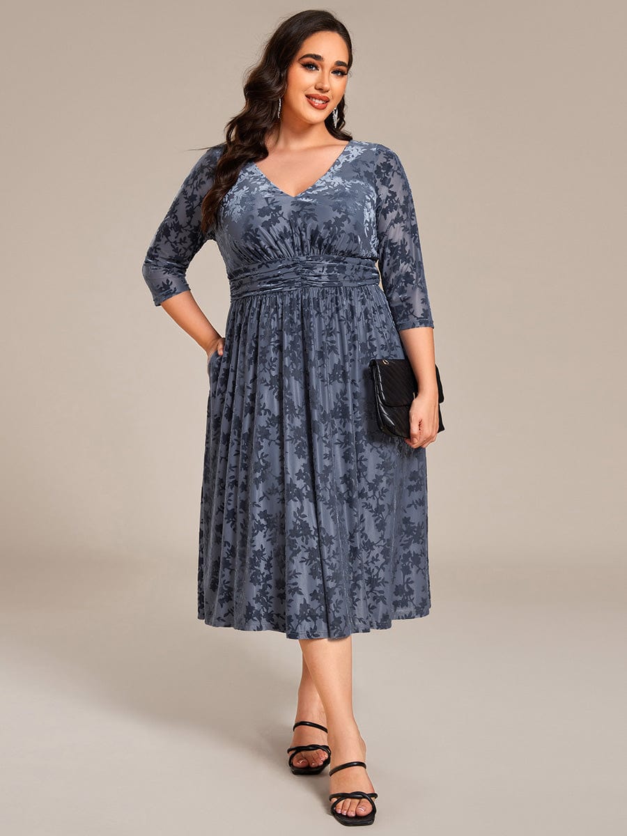 Plus Size 3/4 Sleeve Floral Velvet Wedding Guest Dress with Pockets #color_Dusty Blue