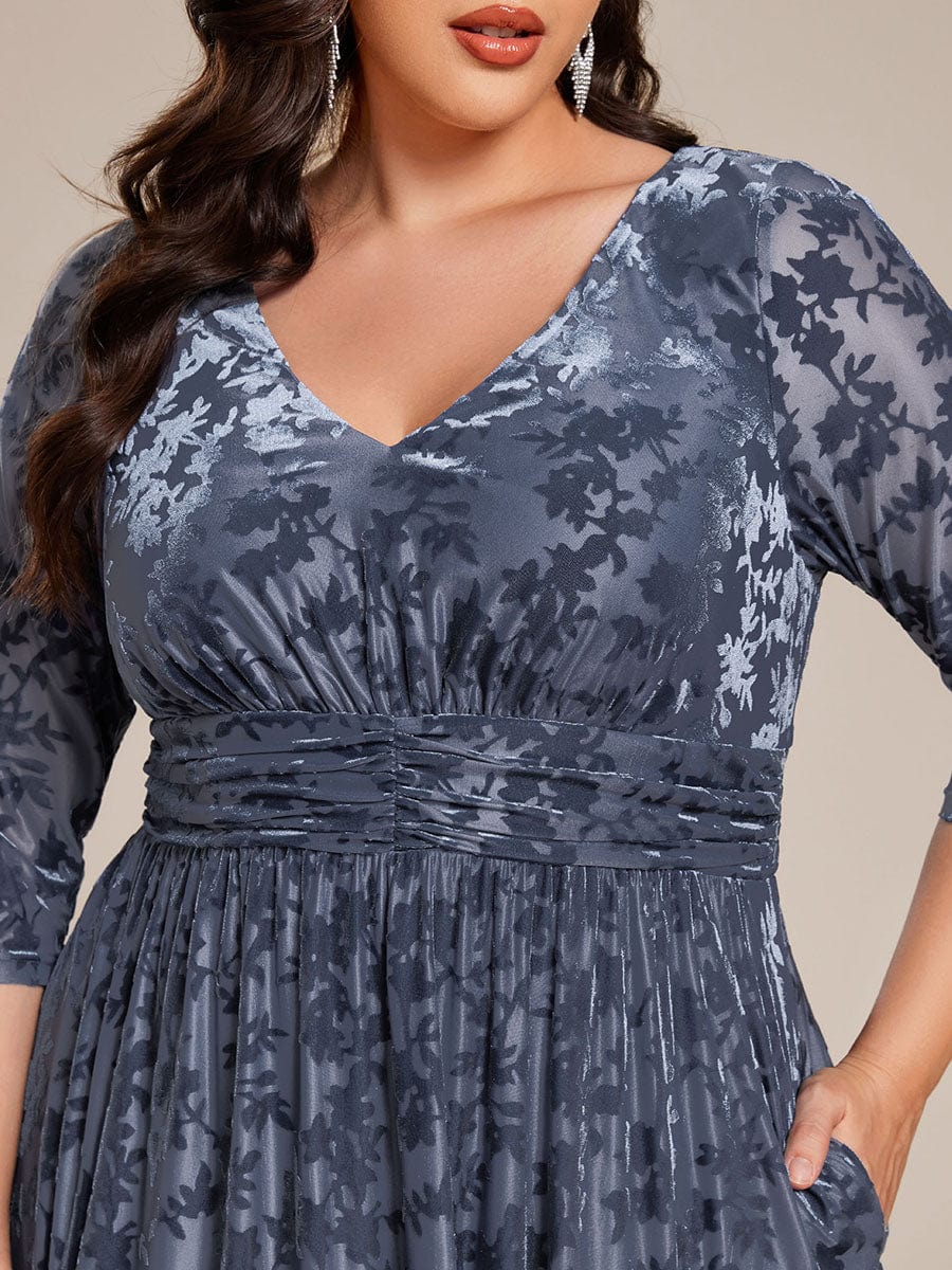 Floral Velvet 3/4 Sleeve V-Neck Pleated Wedding Guest Dress #color_Dusty Blue