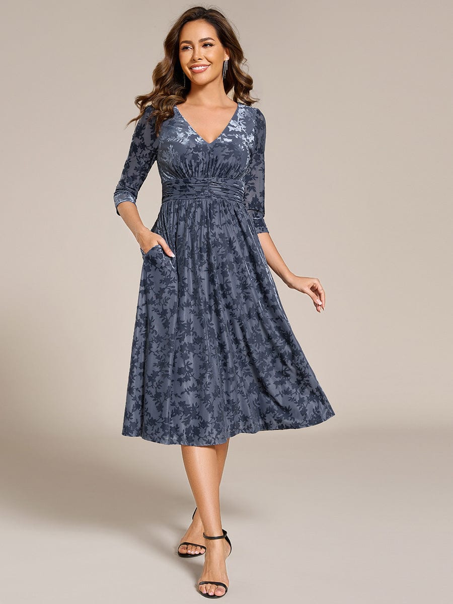 Floral Velvet 3/4 Sleeve V-Neck Pleated Wedding Guest Dress #color_Dusty Blue