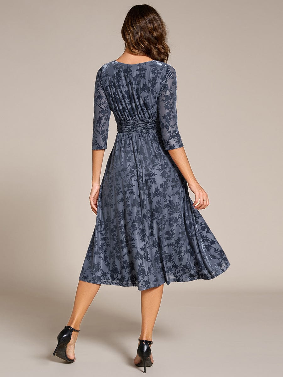 Floral Velvet 3/4 Sleeve V-Neck Pleated Wedding Guest Dress #color_Dusty Blue