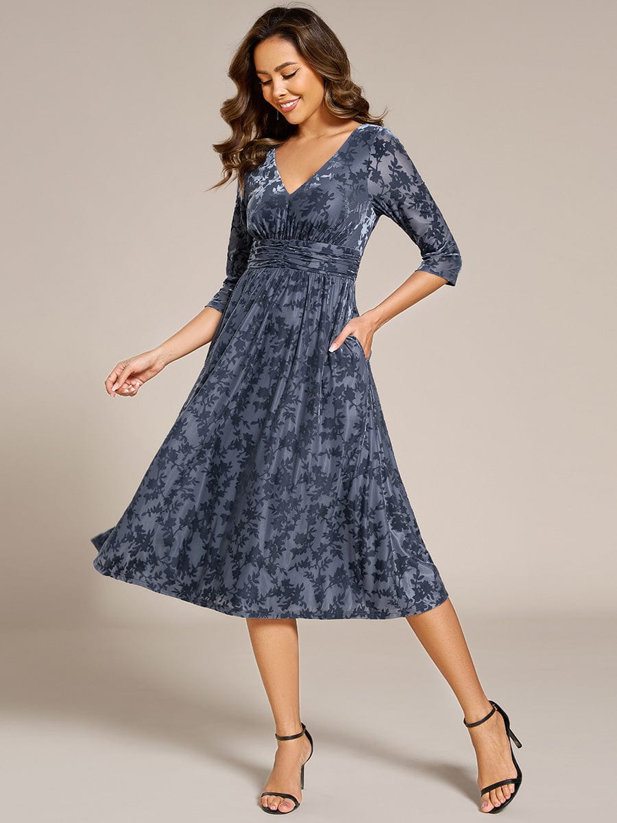 Floral Velvet 3/4 Sleeve V-Neck Pleated Wedding Guest Dress #color_Dusty Blue