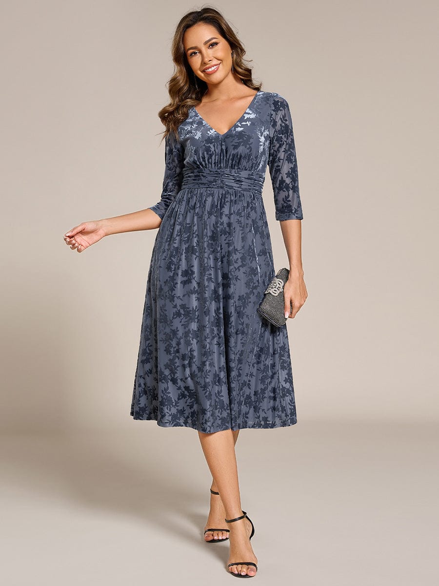 Floral Velvet 3/4 Sleeve V-Neck Pleated Wedding Guest Dress #color_Dusty Blue