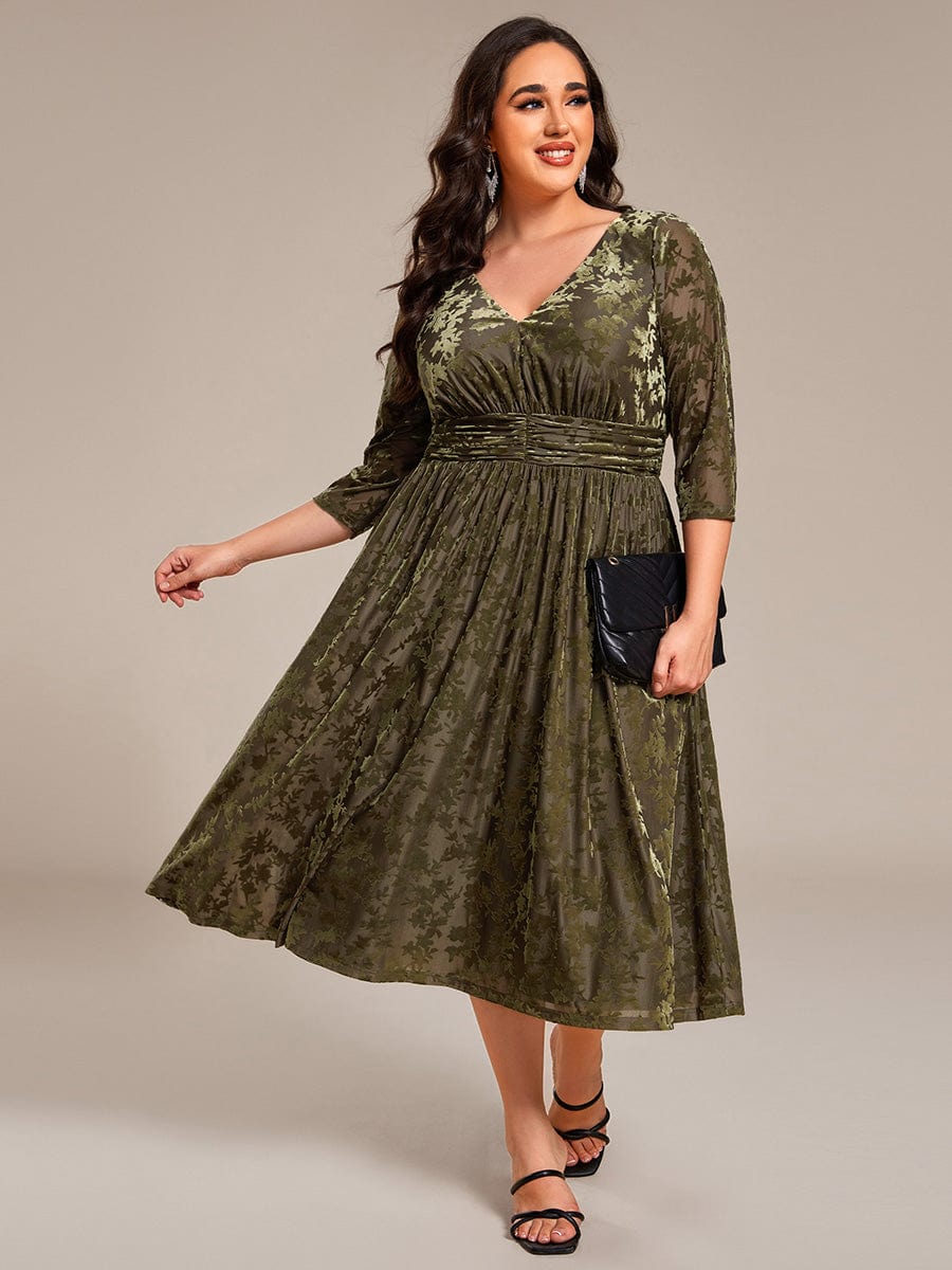 Plus Size 3/4 Sleeve Floral Velvet Wedding Guest Dress with Pockets #color_Olive Green