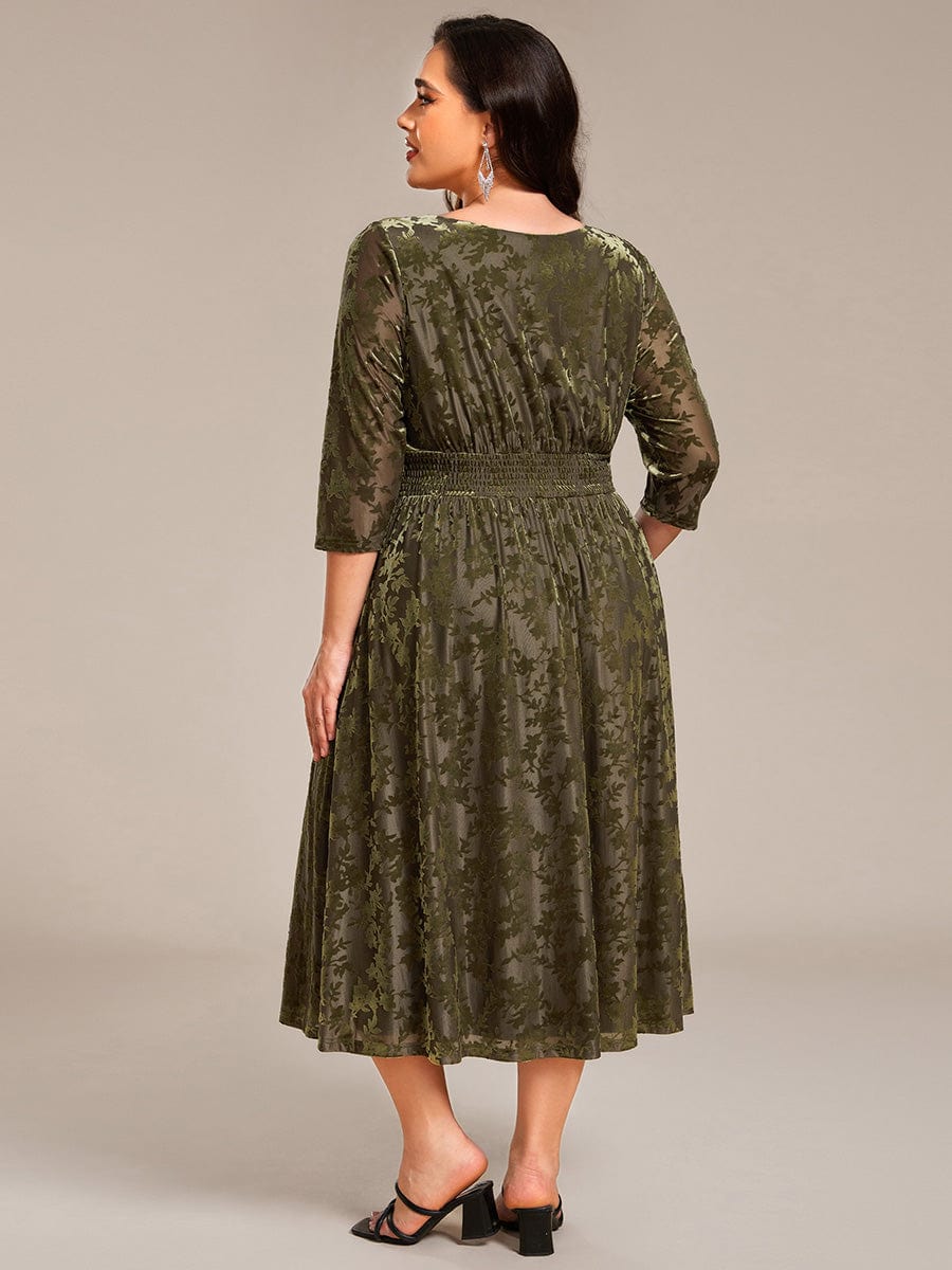 Floral Velvet 3/4 Sleeve V-Neck Pleated Wedding Guest Dress #color_Olive Green