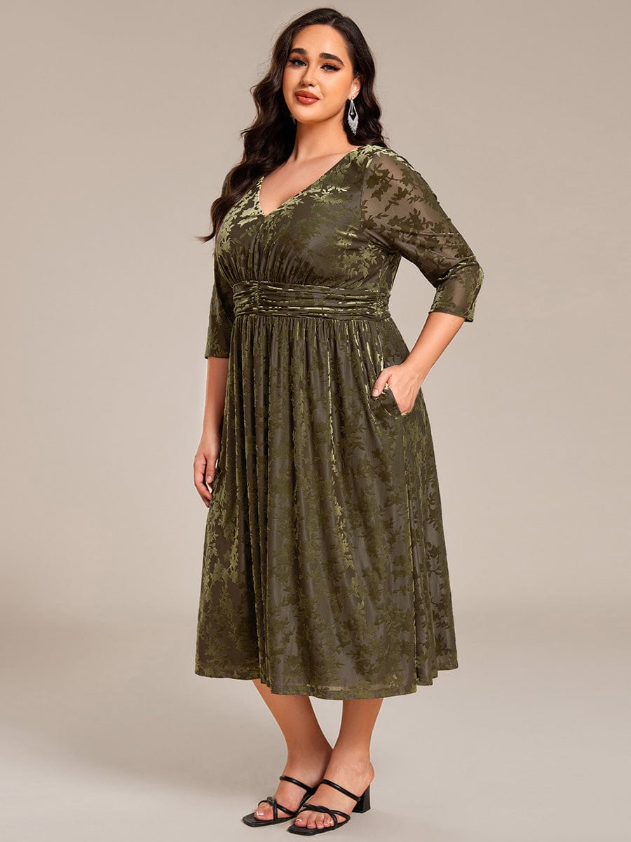 Plus Size 3/4 Sleeve Floral Velvet Wedding Guest Dress with Pockets #color_Olive Green