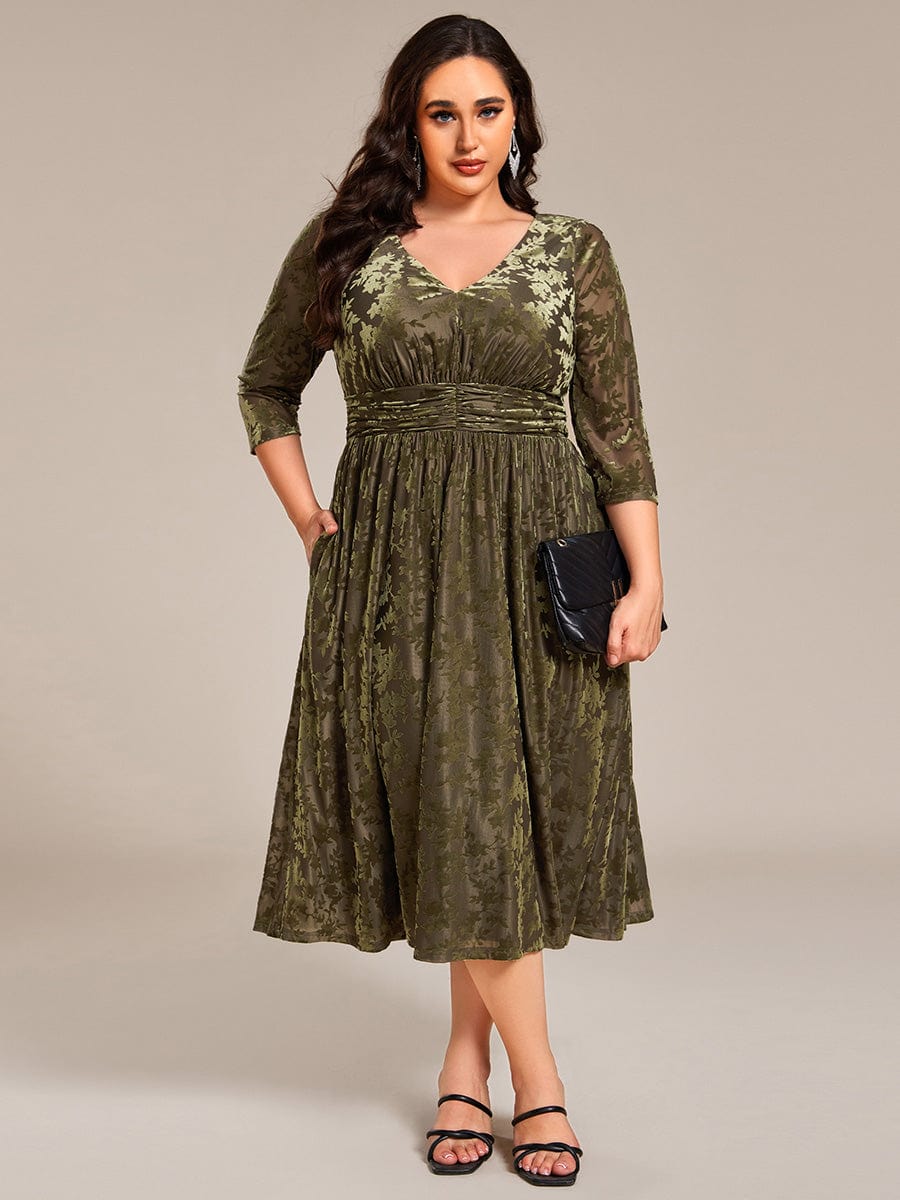 Floral Velvet 3/4 Sleeve V-Neck Pleated Wedding Guest Dress #color_Olive Green