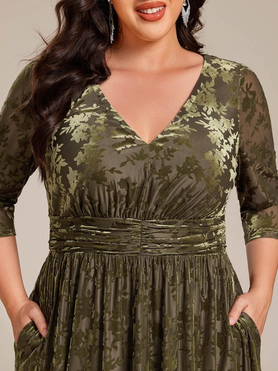 Floral Velvet 3/4 Sleeve V-Neck Pleated Wedding Guest Dress #color_Olive Green