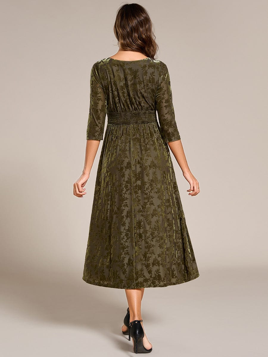 Floral Velvet 3/4 Sleeve V-Neck Pleated Wedding Guest Dress #color_Olive Green