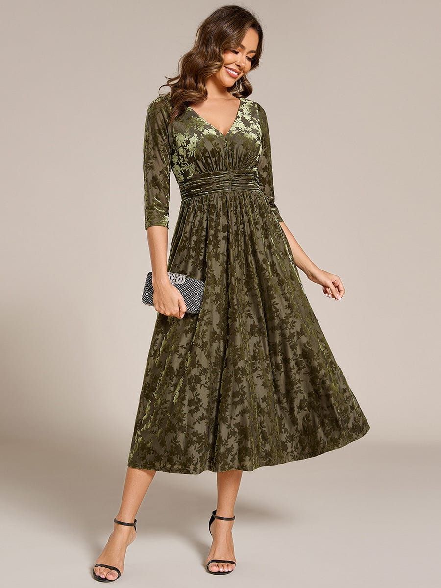 Floral Velvet 3/4 Sleeve V-Neck Pleated Wedding Guest Dress #color_Olive Green