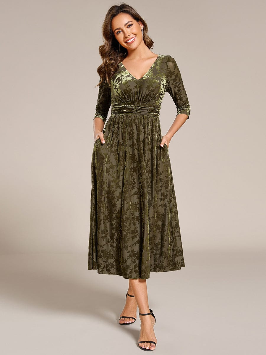 Floral Velvet 3/4 Sleeve V-Neck Pleated Wedding Guest Dress #color_Olive Green