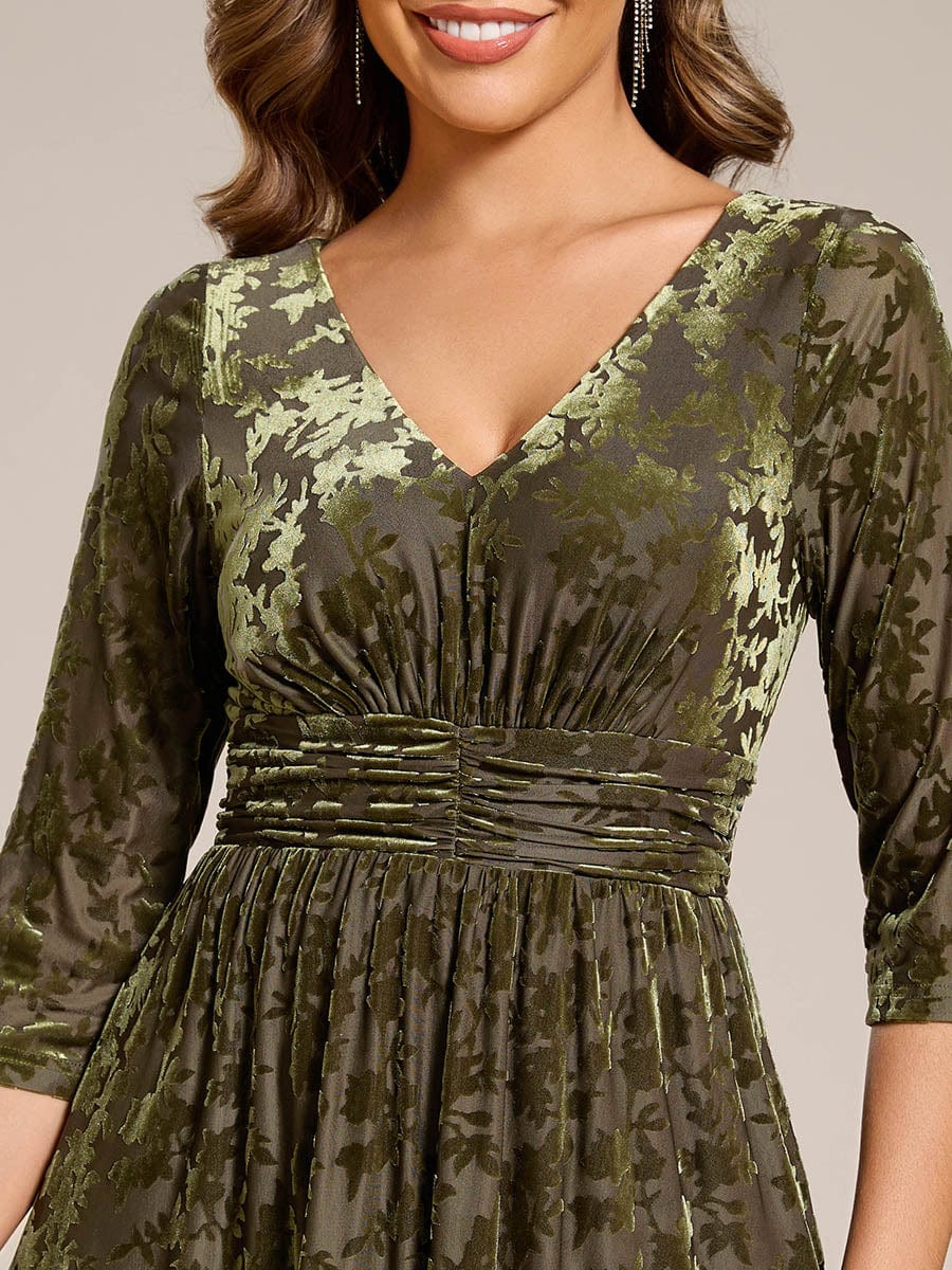 Floral Velvet 3/4 Sleeve V-Neck Pleated Wedding Guest Dress #color_Olive Green