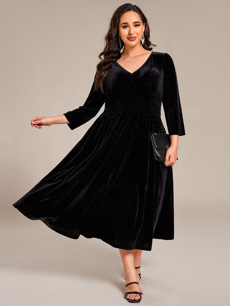 Long Sleeve High Stretch Velvet Tea Length Wedding Guest Dress #color_Black