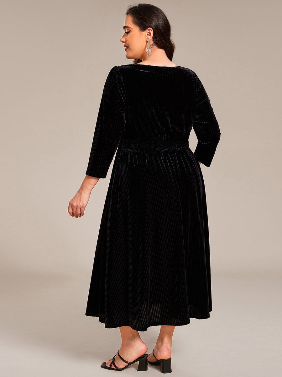 Long Sleeve High Stretch Velvet Tea Length Wedding Guest Dress #color_Black