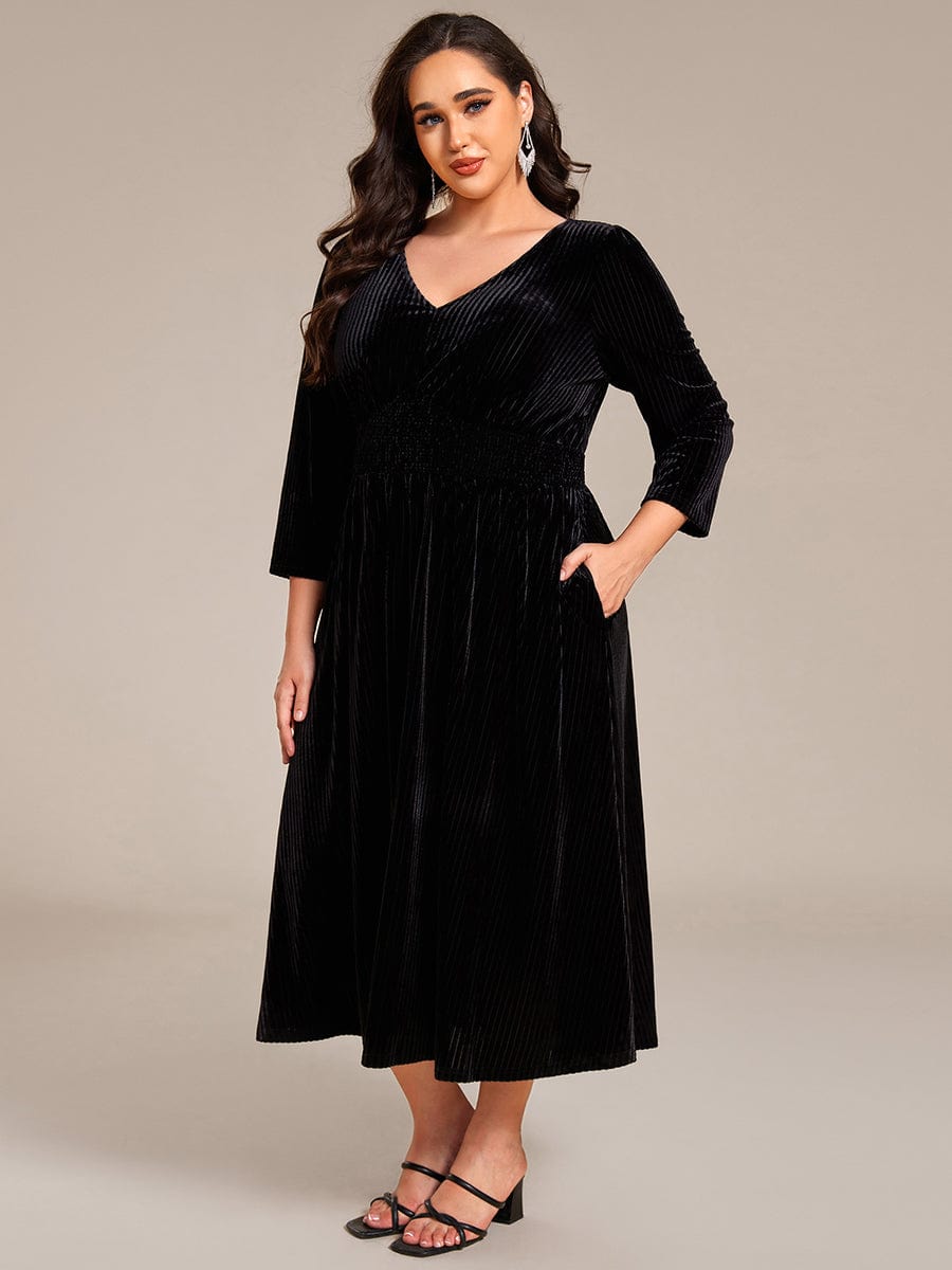 Plus Size Elegant Pleated Velvet Stretchy Tea Length Wedding Guest Dress #color_Black