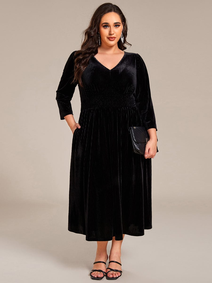 Plus Size Elegant Pleated Velvet Stretchy Tea Length Wedding Guest Dress #color_Black