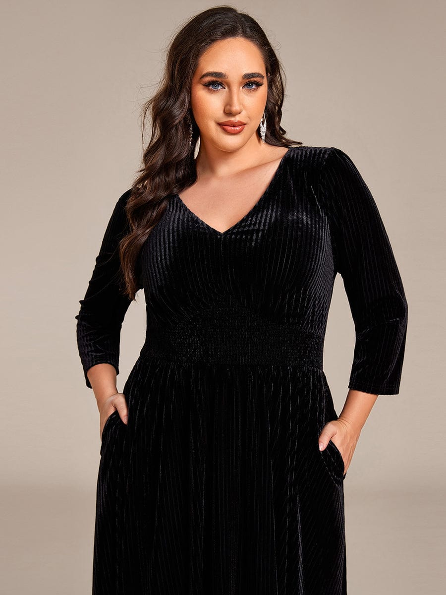 Long Sleeve High Stretch Velvet Tea Length Wedding Guest Dress #color_Black