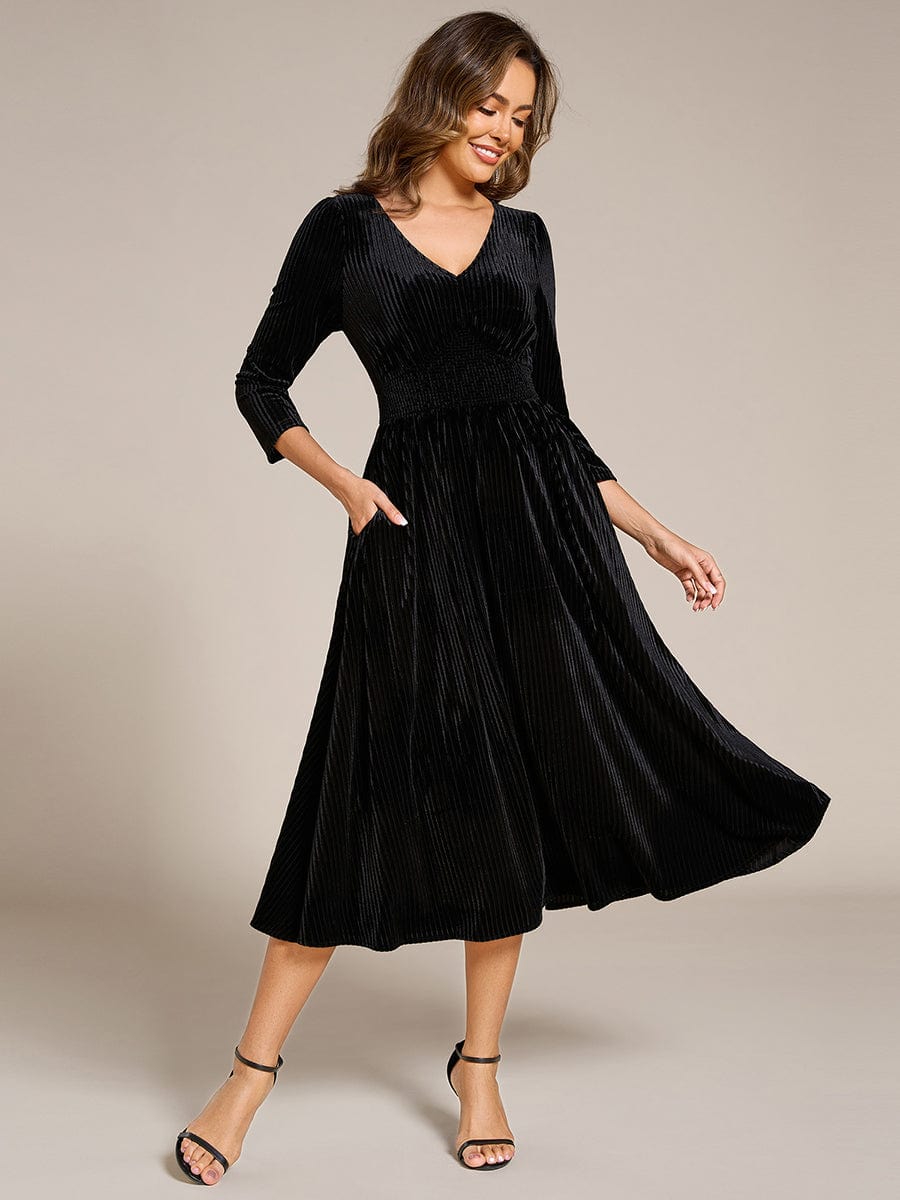 Long Sleeve High Stretch Velvet Tea Length Wedding Guest Dress #color_Black