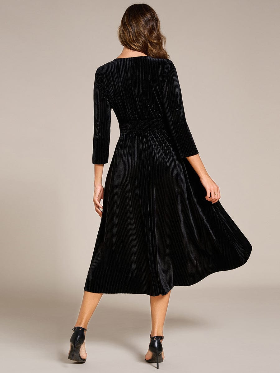 Long Sleeve High Stretch Velvet Tea Length Wedding Guest Dress #color_Black