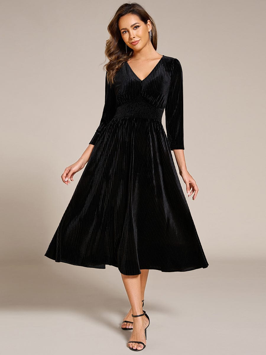 Long Sleeve High Stretch Velvet Tea Length Wedding Guest Dress #color_Black