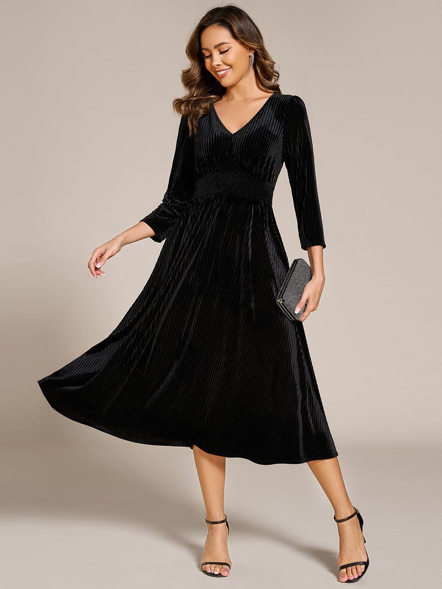 Long Sleeve High Stretch Velvet Tea Length Wedding Guest Dress #color_Black