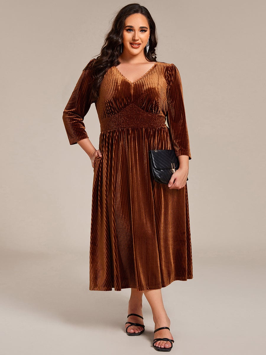 Long Sleeve High Stretch Velvet Tea Length Wedding Guest Dress #color_Caramel