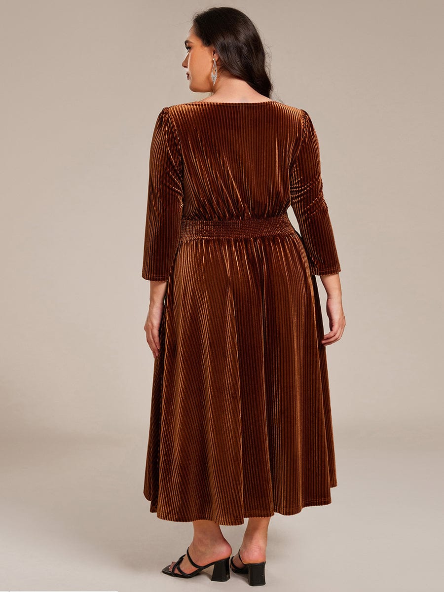 Long Sleeve High Stretch Velvet Tea Length Wedding Guest Dress #color_Caramel