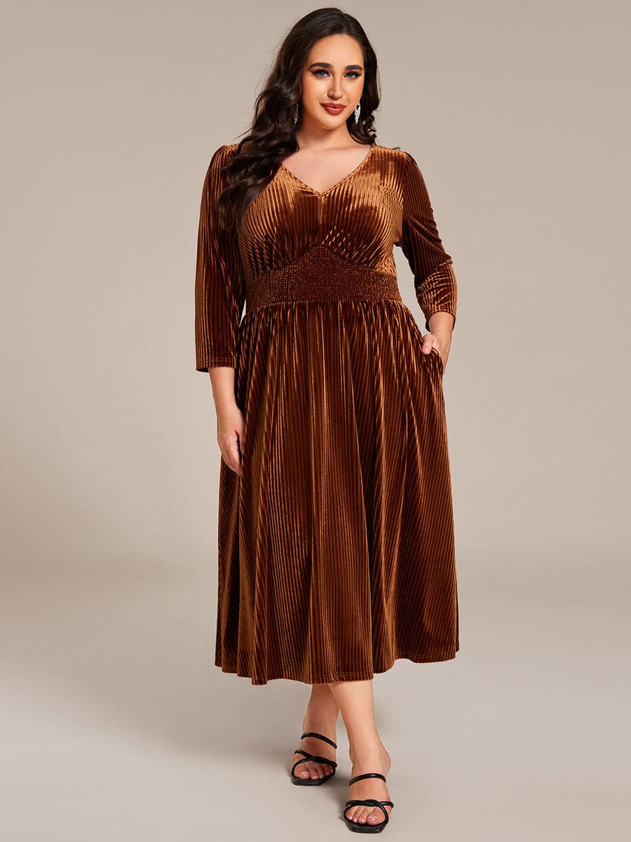 Plus Size Elegant Pleated Velvet Stretchy Tea Length Wedding Guest Dress #color_Caramel