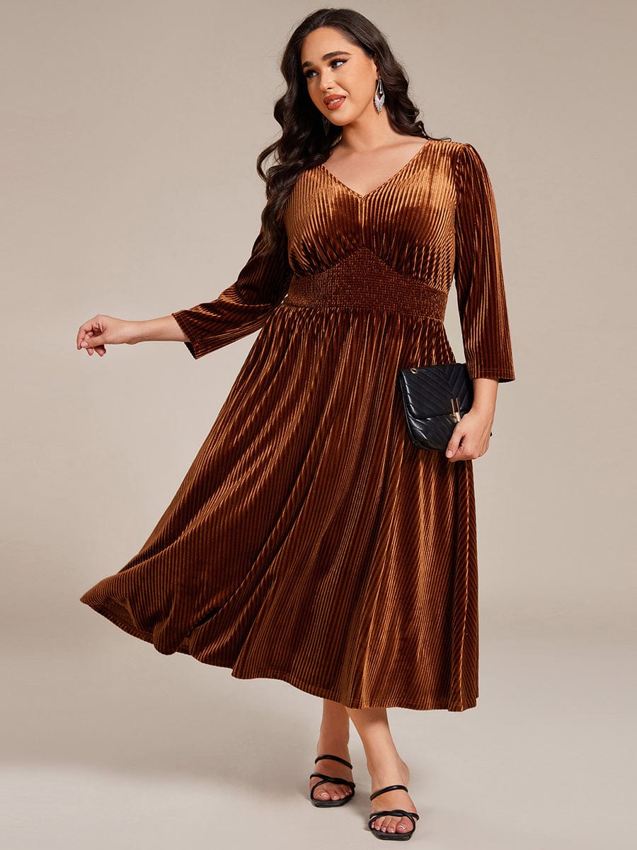 Plus Size Elegant Pleated Velvet Stretchy Tea Length Wedding Guest Dress #color_Caramel