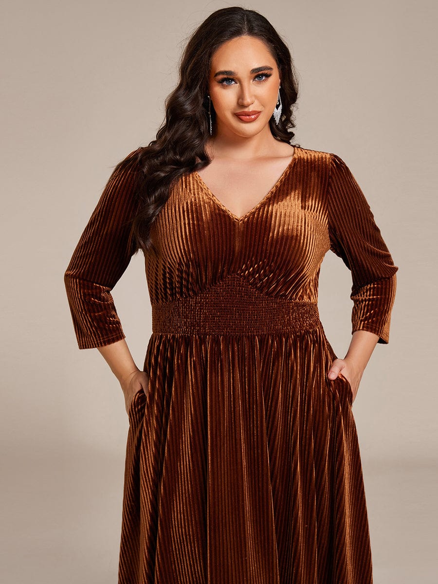 Plus Size Elegant Pleated Velvet Stretchy Tea Length Wedding Guest Dress #color_Caramel