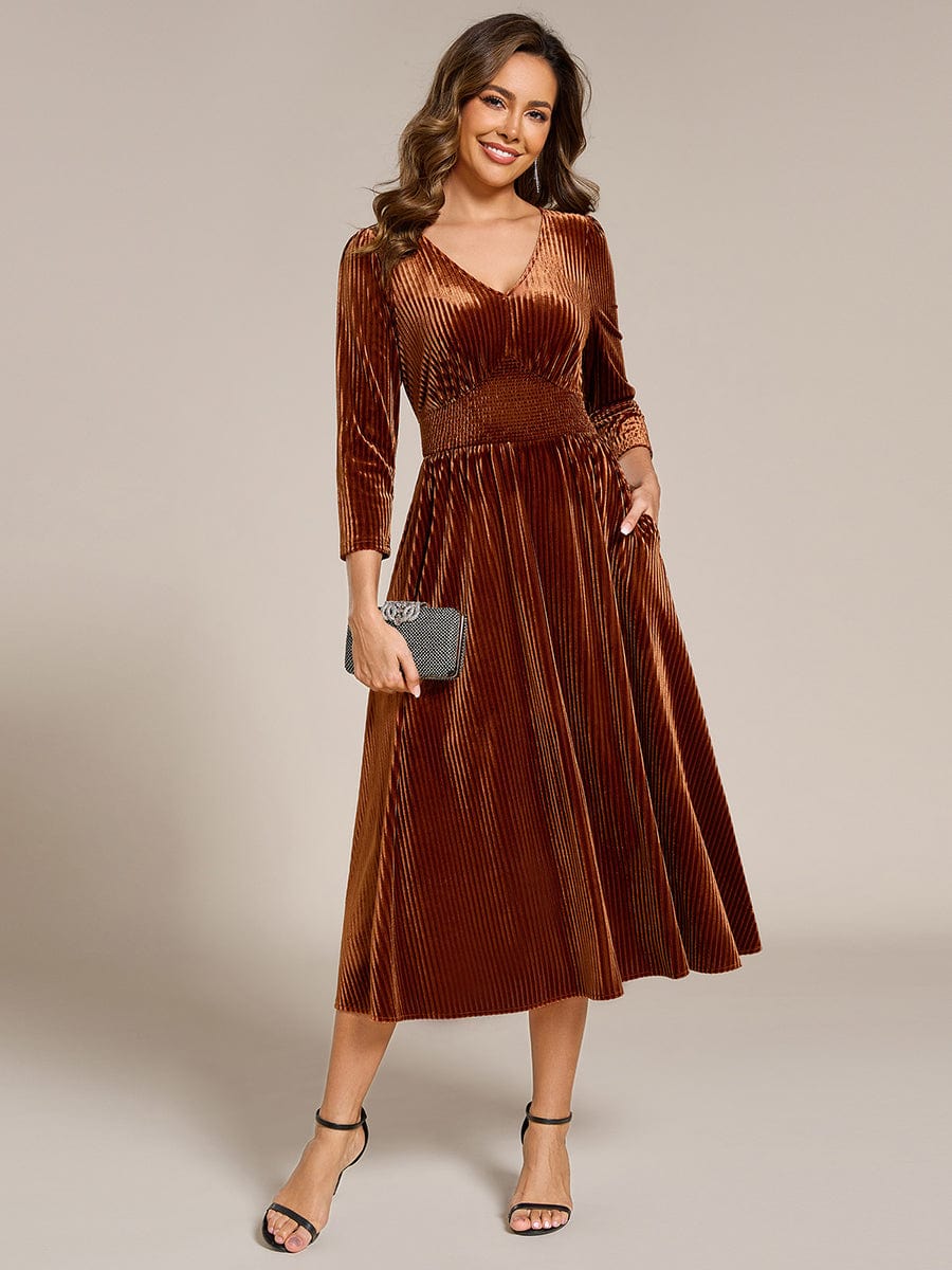 Long Sleeve High Stretch Velvet Tea Length Wedding Guest Dress #color_Caramel