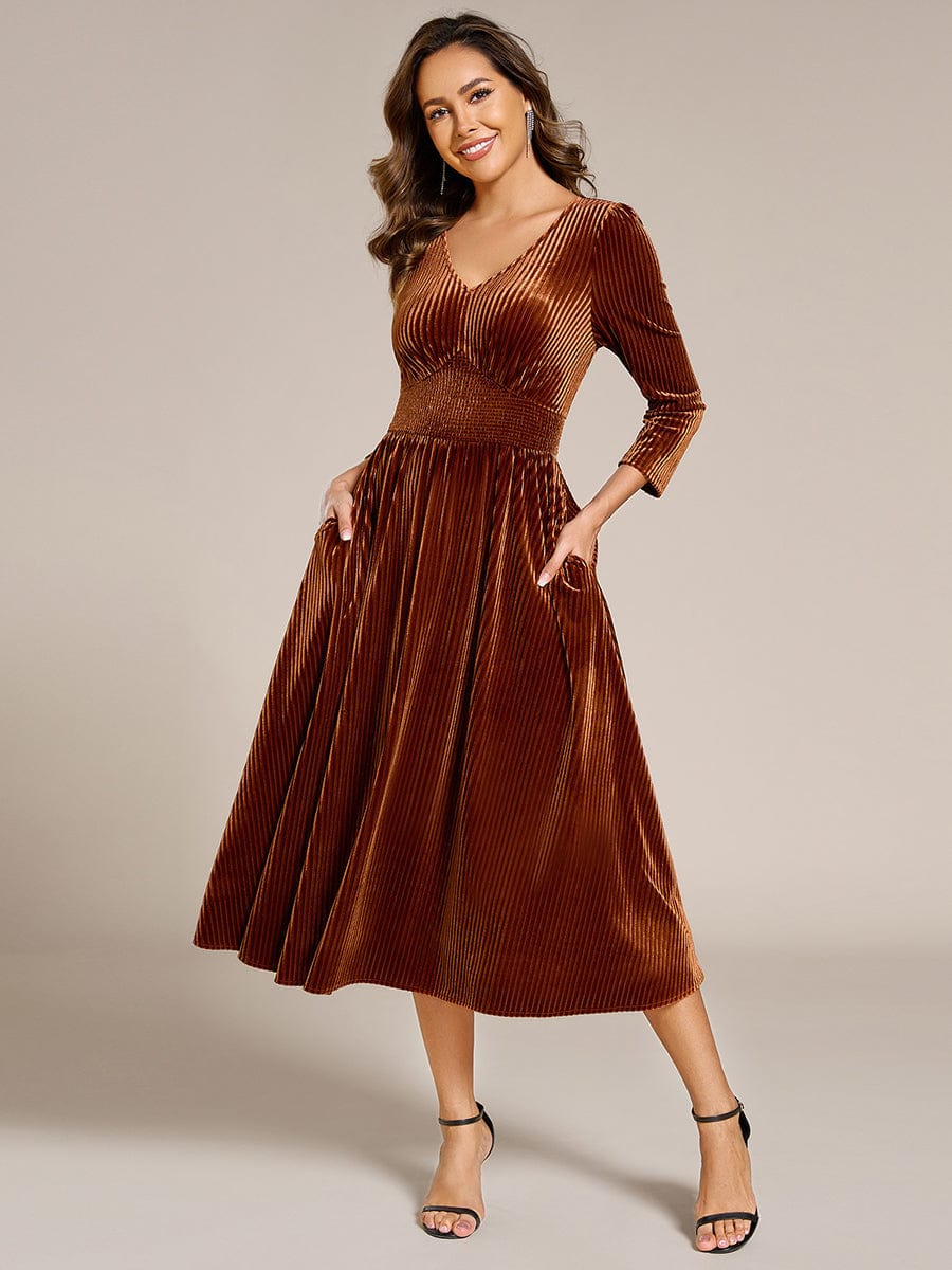 Long Sleeve High Stretch Velvet Tea Length Wedding Guest Dress #color_Caramel