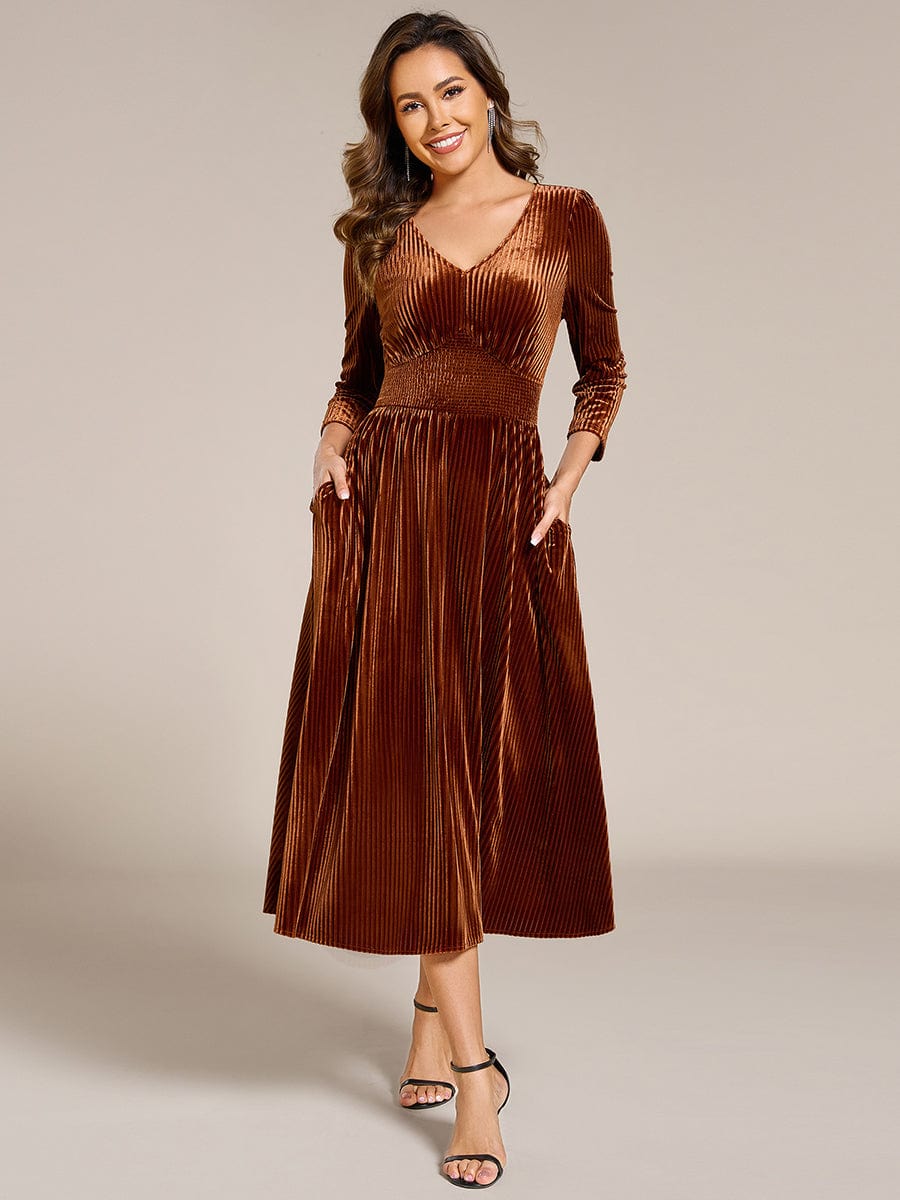 Long Sleeve High Stretch Velvet Tea Length Wedding Guest Dress #color_Caramel