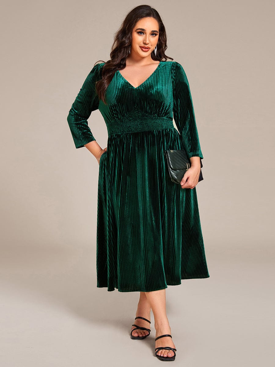 Plus Size Elegant Pleated Velvet Stretchy Tea Length Wedding Guest Dress #color_Dark Green