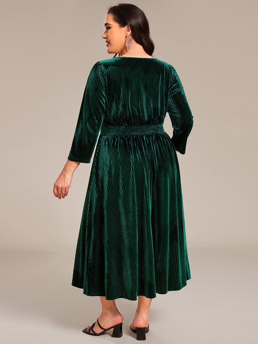 Long Sleeve High Stretch Velvet Tea Length Wedding Guest Dress #color_Dark Green