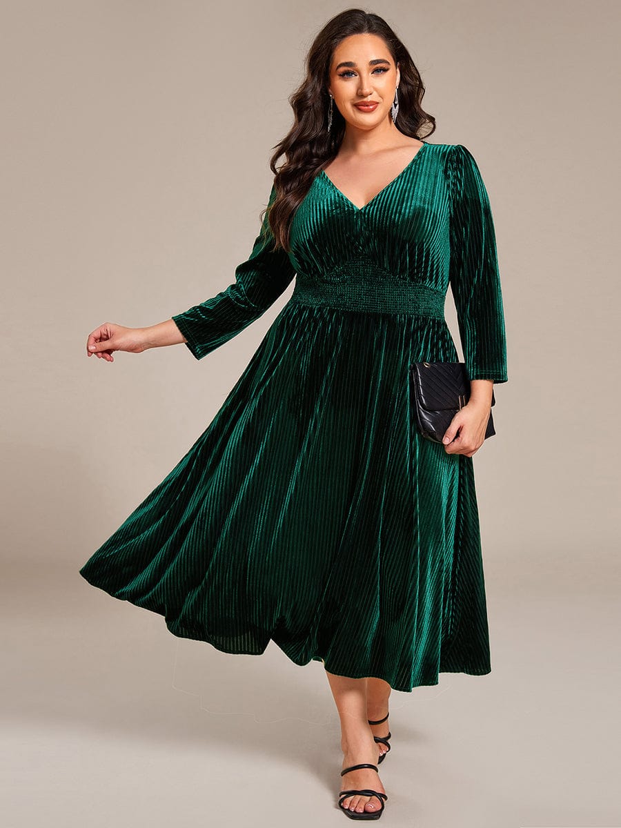 Long Sleeve High Stretch Velvet Tea Length Wedding Guest Dress #color_Dark Green