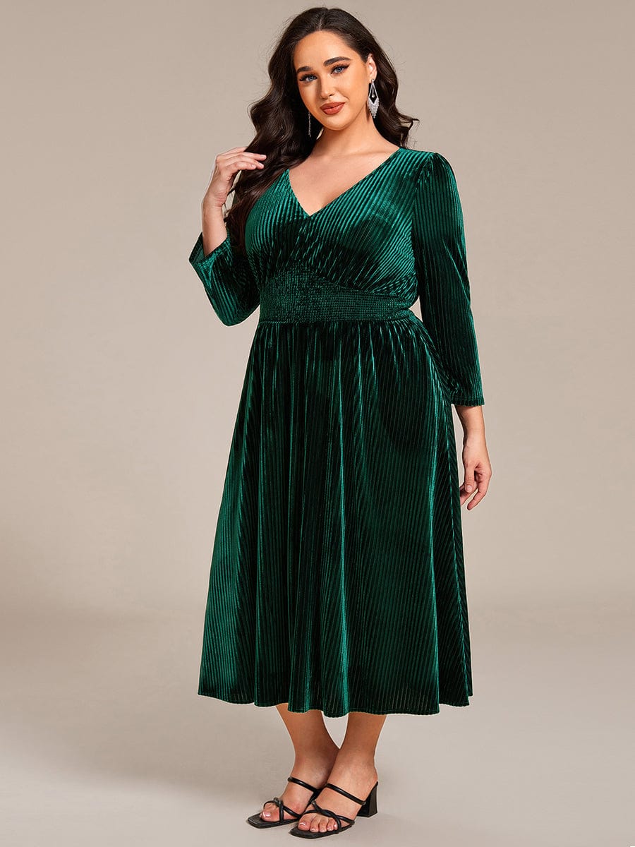 Plus Size Elegant Pleated Velvet Stretchy Tea Length Wedding Guest Dress #color_Dark Green