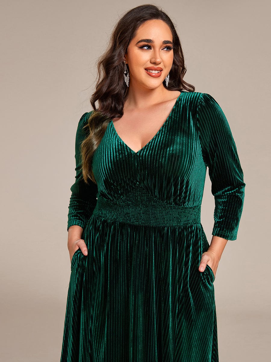 Long Sleeve High Stretch Velvet Tea Length Wedding Guest Dress #color_Dark Green