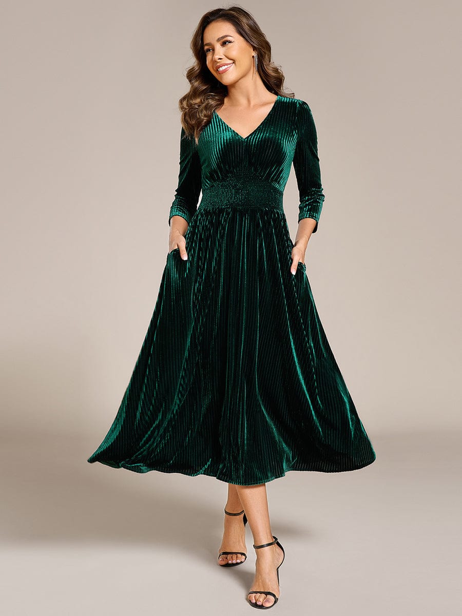 Long Sleeve High Stretch Velvet Tea Length Wedding Guest Dress #color_Dark Green