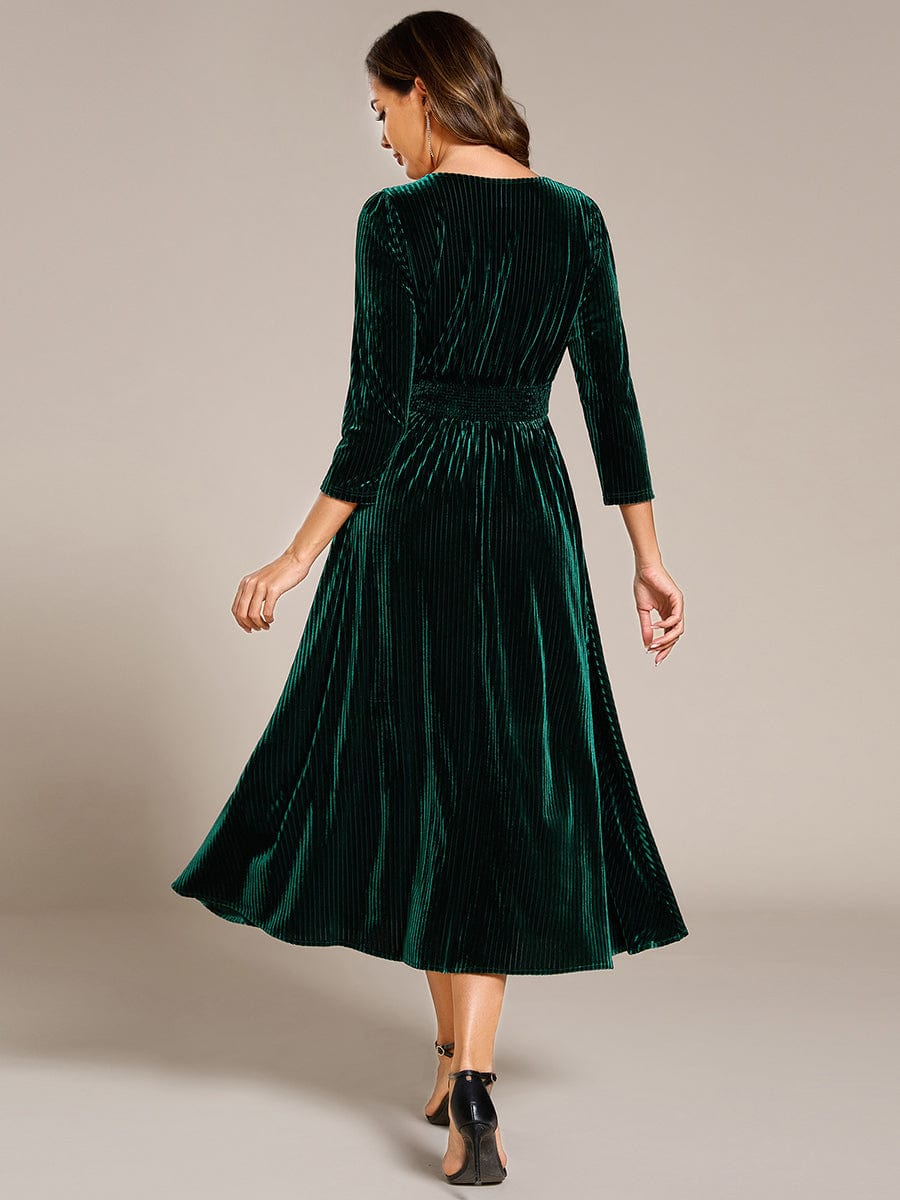 Long Sleeve High Stretch Velvet Tea Length Wedding Guest Dress #color_Dark Green