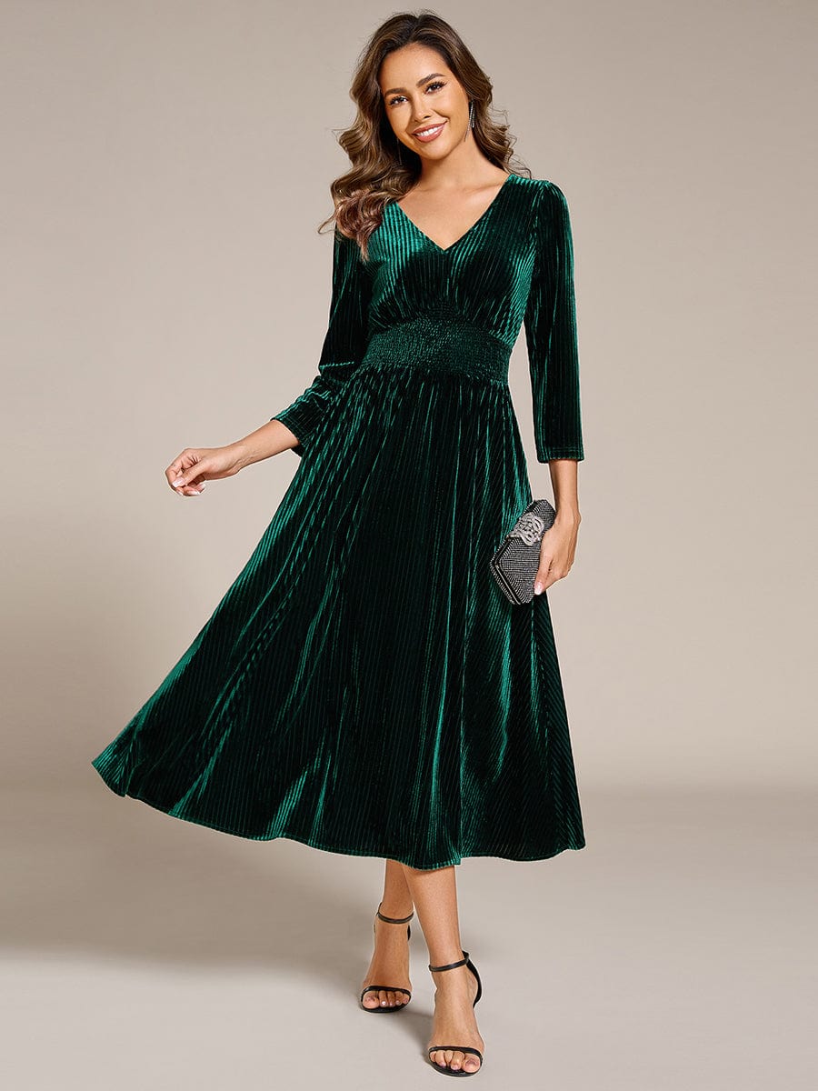 Long Sleeve High Stretch Velvet Tea Length Wedding Guest Dress #color_Dark Green